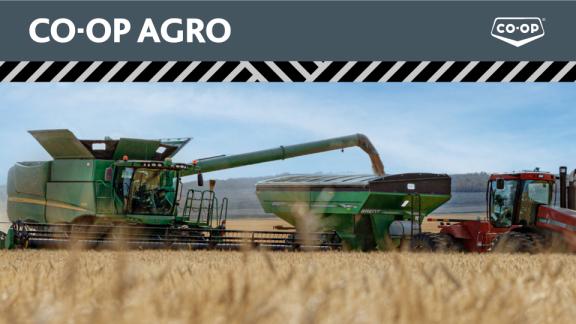 Co-op Agro Logo with Harvester loading Grain Cart